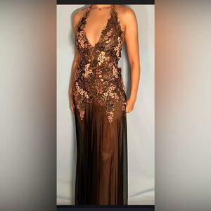 Ema Savahl Couture Black Dress Floor Length Halter double Tie back